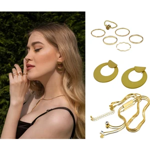 Altın Renk Üçlü Takı Set1 (Parlak Taşlı Kolye 42CM,6'LI Yüzük Set M Beden,metal Halka Küpe 3,5cm)