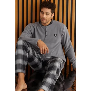 Pijama Evi Gri Siyah Ekose Desenli polar erkek pijama takımı