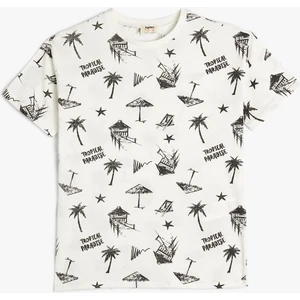 Tişört Tropik Baskılı Kısa Kollu Bisiklet Yaka Pamuklu