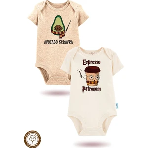 2'li Organik "expreso Patronum" Baskılı Bebek Body Zıbın KISA-EKRU-BEJ-719-720
