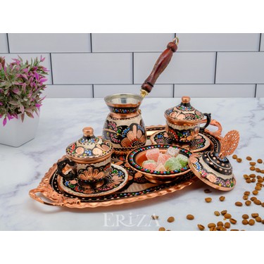 Eriza 6 Kişilik Işlemeli Cezveli Bakır Fincan Seti, Takımı ( Fiyatı
