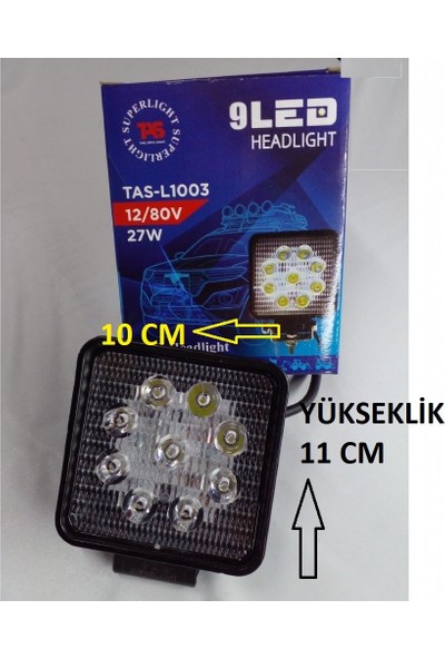 Aras Moto Motosiklet Atv Otomobil 9 Lu LED Far Kare Universal (Çakarsız)12/80 V*27 W-Arasmoto