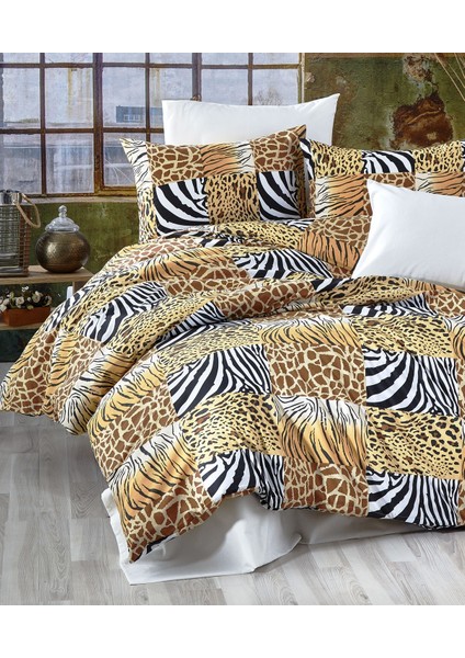 Leopar ve Zebra Desenli Krem Çarşaflı 2 Yastık Kılıflı / Pamuklu Ranforce Ütü Istemez Kırışmaz Tek Kişilik Nevresim Takımı - 6157K