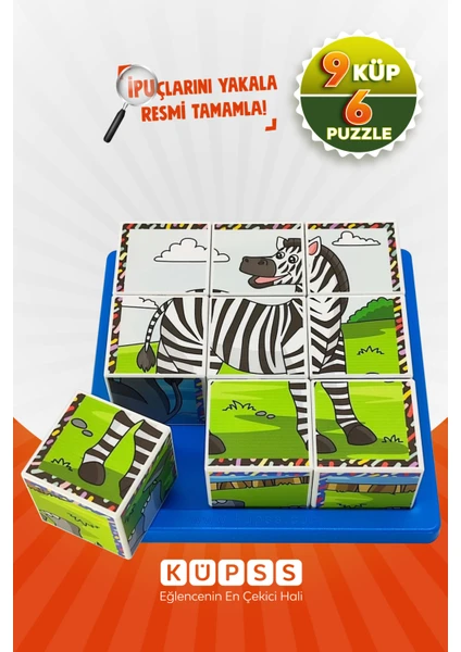 Safari Hayvanları 3D Küp Puzzle - 9 Küp 6 Yapboz