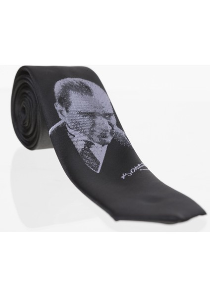 Atatürk ve Imza Desenli Dokuma Siyah Kravat - Ak-24