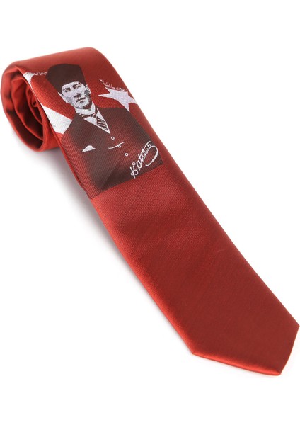 Atatürk ve Imza Desenli Dokuma Kırmızı Kravat - Ak-14