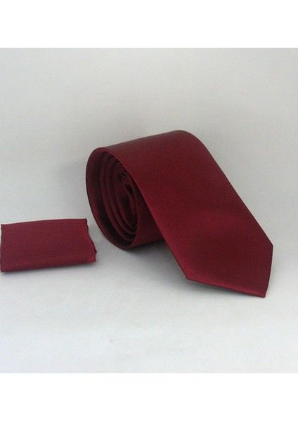 Bordo Klasik Düz Renk Mendilli Saten Kravat - Ks-09