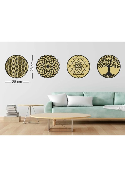 Yaşam Çiçeği Sri Yantra ve Torus Hayat Ağacı 3'lü Set Duvar Tablosu