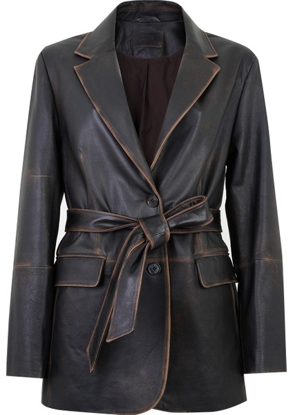 Becka Kahve Kadın Eskitme Blazer Deri Ceket