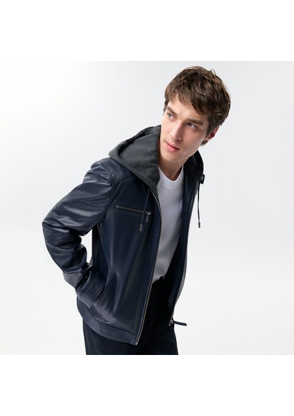 Analu Mavi Erkek Kapüşonlu Deri Mont