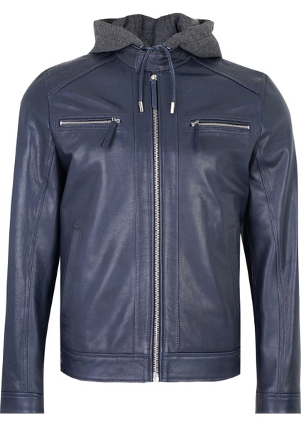 Analu Mavi Erkek Kapüşonlu Deri Mont fiyatları