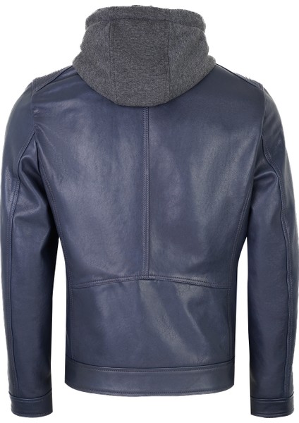 Analu Mavi Erkek Kapüşonlu Deri Mont modelleri