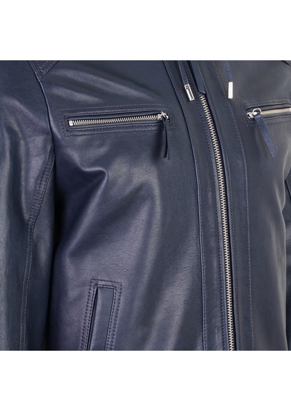 Analu Mavi Erkek Kapüşonlu Deri Mont fırsatları