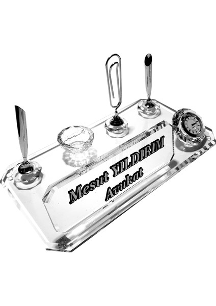 Kristal Masaüstü Kalemli Isimlik Ofis Makam Hediyesi Şeffaf Şık Tasarım M103