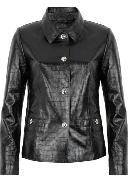 Ayita Siyah Kadın Kroko Baskılı Deri Ceket