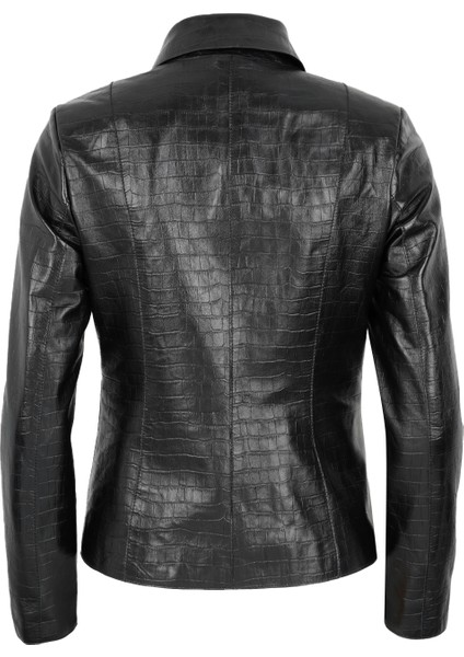 Ayita Siyah Kadın Kroko Baskılı Deri Ceket fiyatları
