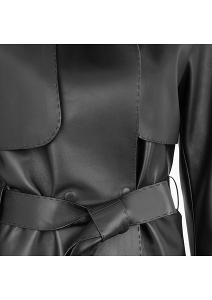 Aniye Siyah Kadın Deri Trençkot modelleri