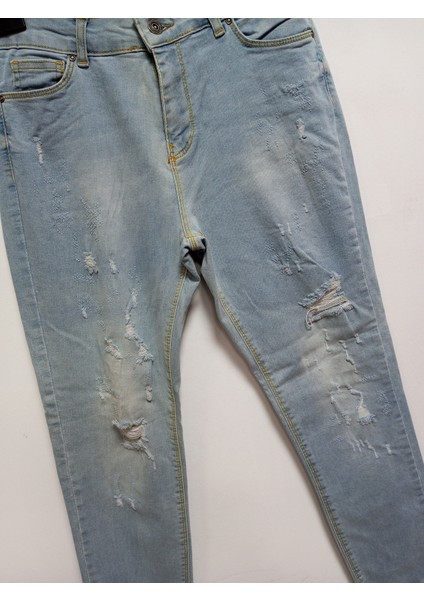 Açık Mavi Bol Likralı % 100 Denim Taşlanmış Yıkanmış Yırtık Model Yüksek Bel Mom Jeans Pantolon modelleri