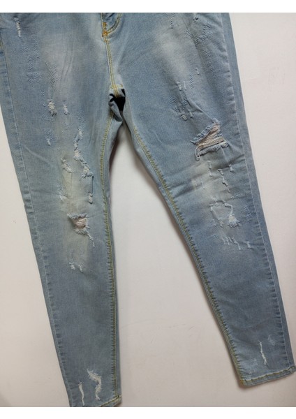 Açık Mavi Bol Likralı % 100 Denim Taşlanmış Yıkanmış Yırtık Model Yüksek Bel Mom Jeans Pantolon fırsatları