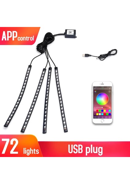 72LED USB Uygulaması USB Çakmak ile LED Araç Iç Aydınlatma Ortam Atmosfer Mood Işık Rgb Uzaktan Uygulama Oto Ayak Dekoratif Lamba (Yurt Dışından)