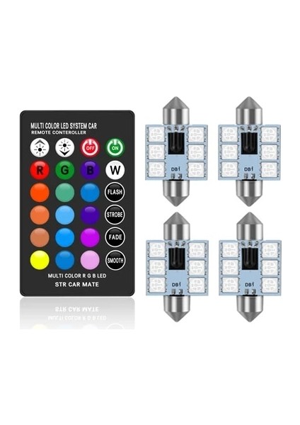 36MM Tarzı Uzaktan Kumandalı 4 Ampul Araba Iç Işıkları Rgb C5W Uzaktan Kumandalı LED Festoon Çok Renkli Kubbe Işık Okuma Lambası Otomatik 12V (Yurt Dışından)