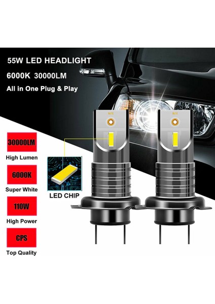 Xiyu Shop Siyah 2x H7 110W Araba LED Far Kiti Canbus Hatasız Lamba Lm 6000K Dayanıklı ve Pratik Daha Parlak Yüksek (Yurt Dışından)