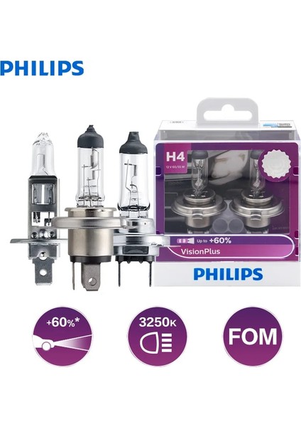 H3 Philips Visionplus H1 H3 H4 H7 H Hb2 Hb3 Hb4 Vp 12V +%60 Daha Fazla Parlak Işık Araba Halojen Far Sis Lambaları, 2x (Yurt Dışından)