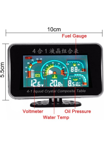 4'ü 1 Arada Ölçü Stili Gösterge Paneli Evrensel LCD Araba Dijital Alarm Ölçer Voltmetre Yağ Basıncı Yakıt Su Sıcaklığı 12V Voltitro Coche Volt Için (Yurt Dışından)