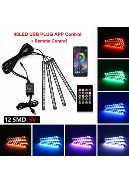 48LED App Uzak USB Nlpearl App Araç Iç Ortam Işığı Neon LED Şerit Ayak Işığı USB Kablosuz Uzaktan Kumandalı Müzik Oto Atmosfer Dekoratif Lamba (Yurt Dışından) fiyatları