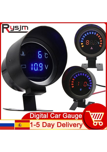 Stil D - Yalnızca Ölçü Stili Yuvarlak LCD Dijital Araba Kamyon Su Sıcaklık Ölçer Sıcaklık Sensörü Temperatura Moto + Voltmetre Volt Voltaj Ölçer V 24V (Yurt Dışından)