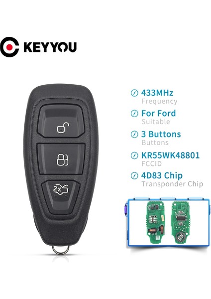 Keyyou Mhz 4d KR55WK 3 Düğme Araba Anahtarı Uzaktan Kumanda Anahtarı Ford Focus Için C-Max Mondeo Kuga Fiesta B-Max (Yurt Dışından)