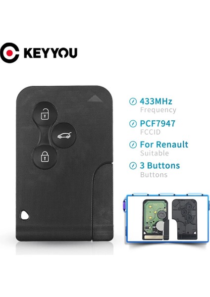 Model 2 Stili Keyyou ID46 Pcf Renault Clio Logan Megane Enic Uzaktan Anahtar 3 Buttomhz Akıllı Kart Acil Durum Ekleme (Yurt Dışından)