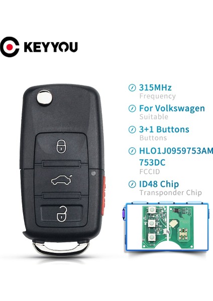 4 Btn 1J0959753AM Stili Keyyou 2 Düğme Araba Uzaktan Anahtar 434MHZ 433MHZ Kımlığı Vw Beetle Bora Golf Passat Polo Transporter T5 1jag (Yurt Dışından)
