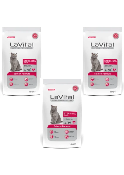 La Vital Somonlu Premium Kısır Kedi Maması 1.5 kg 3'lü Paket