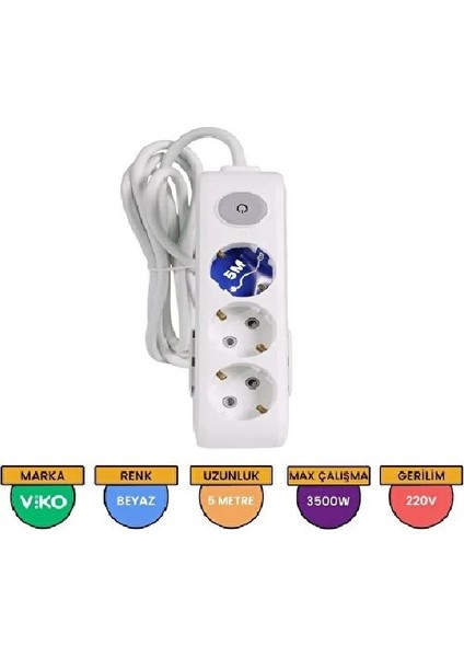 Vsn Viko 5 Metre Kablolu Topraklı Çocuk Korumalı Üçlü Priz Beyaz