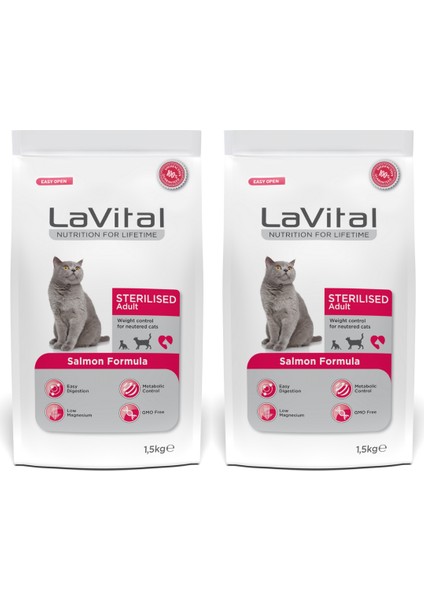 La Vital Somonlu Premium Kısır Kedi Maması 1.5 kg 2'li Paket