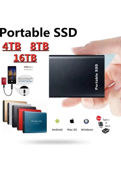 Siyah Stil 2tb 16TB SSD USB 3.1 Mobil Katı Hal Sürücüsü Pc Dizüstü Bilgisayar Depolama Aygıtı Için Yüksek Hızlı Transfer Orijinal Taşınabilir Harici Sabit Disk (Yurt Dışından)