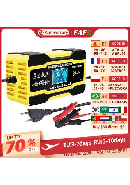 Kırmızı Ab Fiş Stili 12V 10AV 5A Tam Otomatik Araba Akü Şarj Cihazı 7 Aşamalı Akıllı Hızlı Şarj Darbe Onarım Agm Jel Islak Kurşun Asit LCD Ekran (Yurt Dışından)