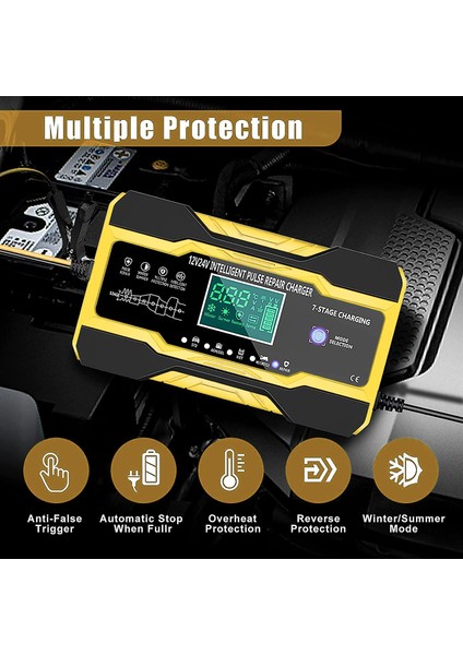 Kırmızı Ab Fiş Stili 12V 10AV 5A Tam Otomatik Araba Akü Şarj Cihazı 7 Aşamalı Akıllı Hızlı Şarj Darbe Onarım Agm Jel Islak Kurşun Asit LCD Ekran (Yurt Dışından)