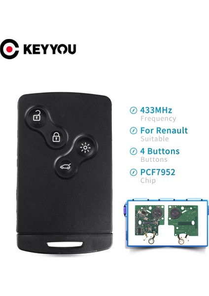 Keyyou 433MHZ Pcf Düğmeleri Araba Uzaktan Anahtar Kartı Renault Megane Iıı Laguna Iıı Koleos Clıo Akıllı Kart (Yurt Dışından)