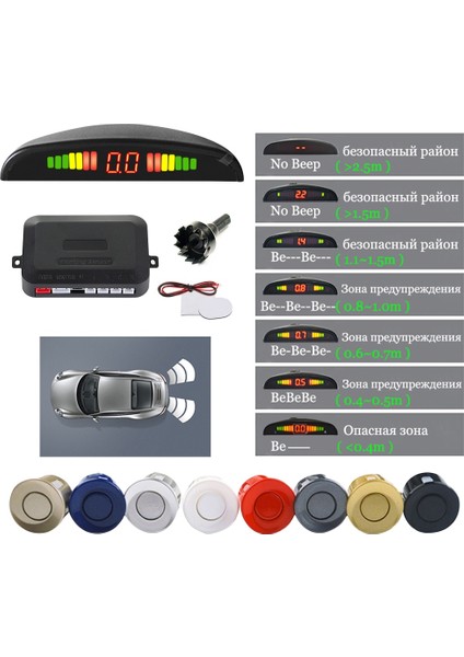 Gümüş Rengi Hippcron Araba LED Park Sensörü Kiti 4 Sensörler Ters Radar Sesli Uyarı Gösterge Sistemi 8 Renk (Yurt Dışından)