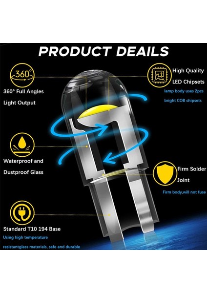 10 Adet Mavi T10 W5W LED Cob Ampul Araba Sinyal Işıkları 5W5 Oto Iç Kubbe Okuma Lambaları Kama Yan Kapı Ampulleri 12V 7500K Beyaz Sarı (Yurt Dışından) indirimleri