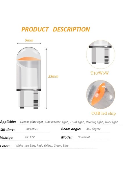 Sarı Yeni T10 W5W Cob LED Araba Kama Park Işığı Otomatik Plaka Işığı Yan Kapı Ampul Gösterge Lambası (Yurt Dışından)