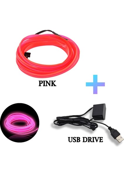 3m Tarzı Pembe-Usb Sıcak Satış Araba Iç Aydınlatma LED Şerit Dekorasyon Garland Tel Halat Tüp Hattı USB Sürücülü Esnek Neon Işık (Yurt Dışından)