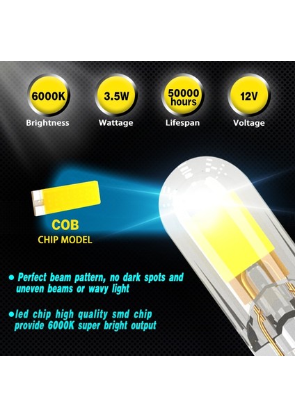 T10 W5W Stili Kehribar 2 Adet Yeni T10 LED Ampul W5W Safir Cob Drive-Free LED Kama Ampul Kubbe Okuma Lambası Ampul Süper Parlak 12V Araba Ampul 6000K (Yurt Dışından)