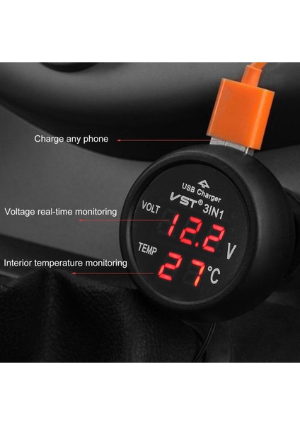 Kırmızı Stil Dijital LED Araç Çakmak Voltmetre Termometre Araba Kamyon USB Şarj Cihazı Sıcaklık Ölçer Voltmetre (Yurt Dışından)