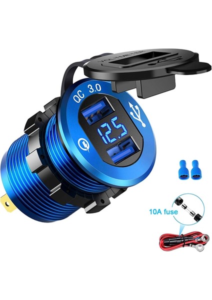 Tel ile Mavi Hızlı Şarj 3.0 Çift USB Araç Şarj Cihazı Hızlı Şarj Soketi Alüminyum Güç Çıkışı LED Voltmetre ile 12V 24V Araba Tekne Denizcilik Için (Yurt Dışından)