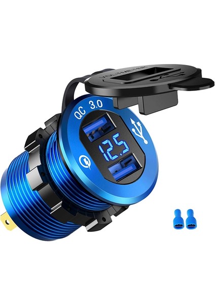 Tel ile Mavi Hızlı Şarj 3.0 Çift USB Araç Şarj Cihazı Hızlı Şarj Soketi Alüminyum Güç Çıkışı LED Voltmetre ile 12V 24V Araba Tekne Denizcilik Için (Yurt Dışından) modelleri