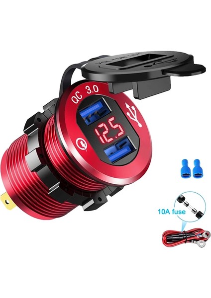 Tel ile Mavi Hızlı Şarj 3.0 Çift USB Araç Şarj Cihazı Hızlı Şarj Soketi Alüminyum Güç Çıkışı LED Voltmetre ile 12V 24V Araba Tekne Denizcilik Için (Yurt Dışından) indirimleri