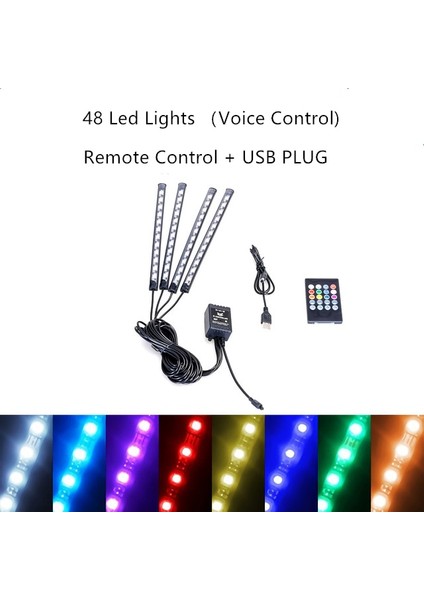 48LED USB Uzaktan Araba Dekorasyon Işığı Iç Atmosfer Işığı Rgb USB Kablosuz Uzaktan Müzik Kontrollü Çoklu Modlu LED Şerit Işığı (Yurt Dışından)